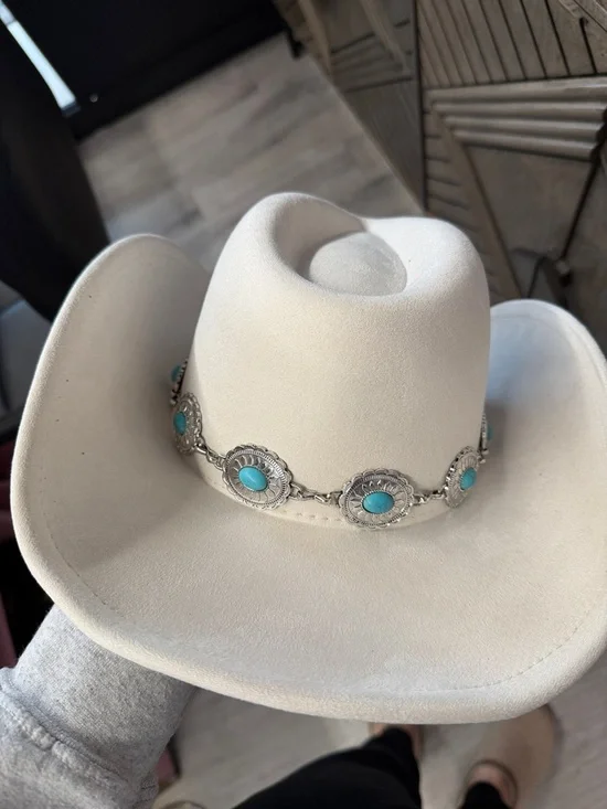 White Western Cowboy Hat with Turquoise Concho Band - Picture 3 of 4